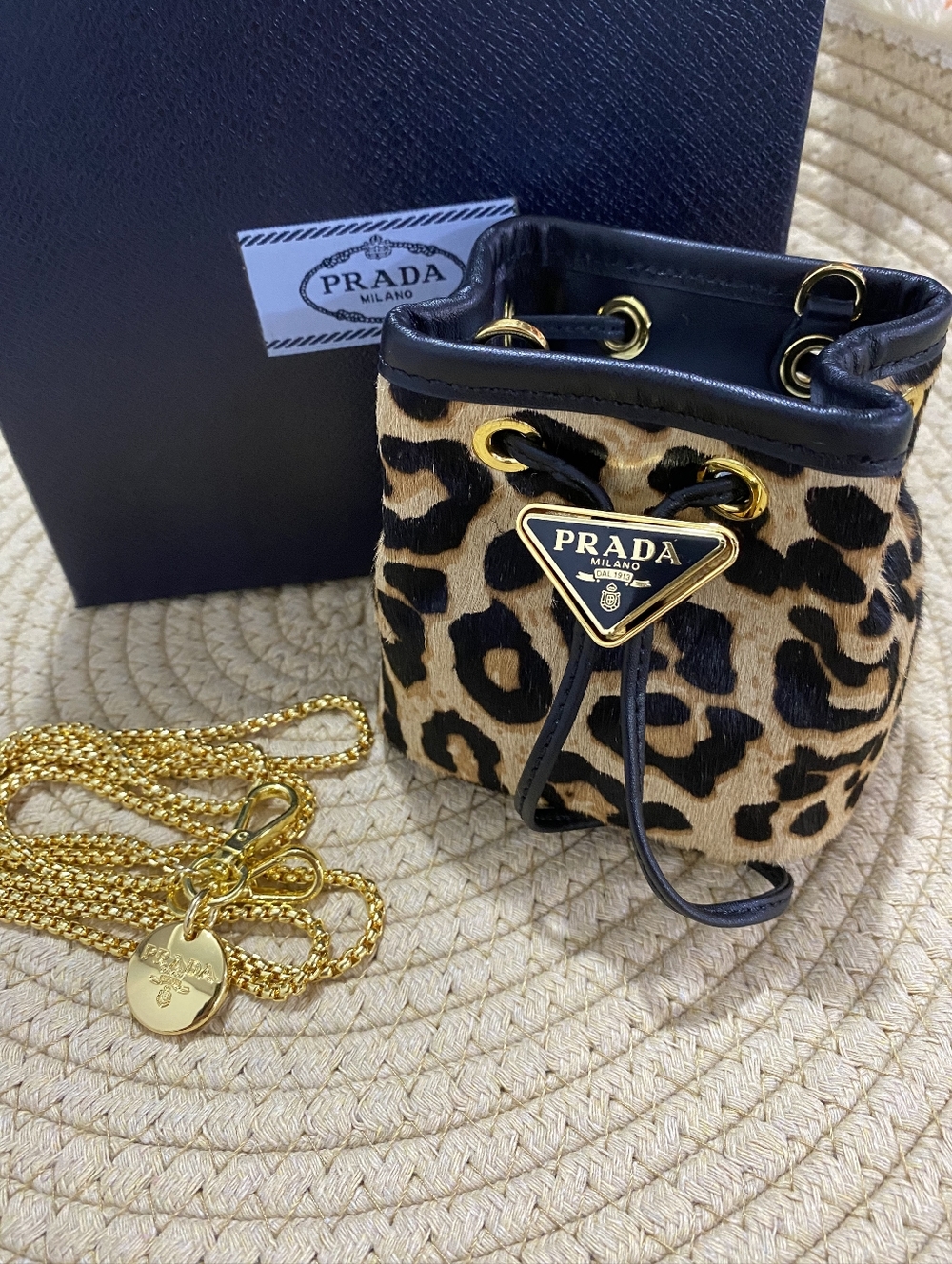 Prada Leopard Print Calf Hair Mini Bucket Bag